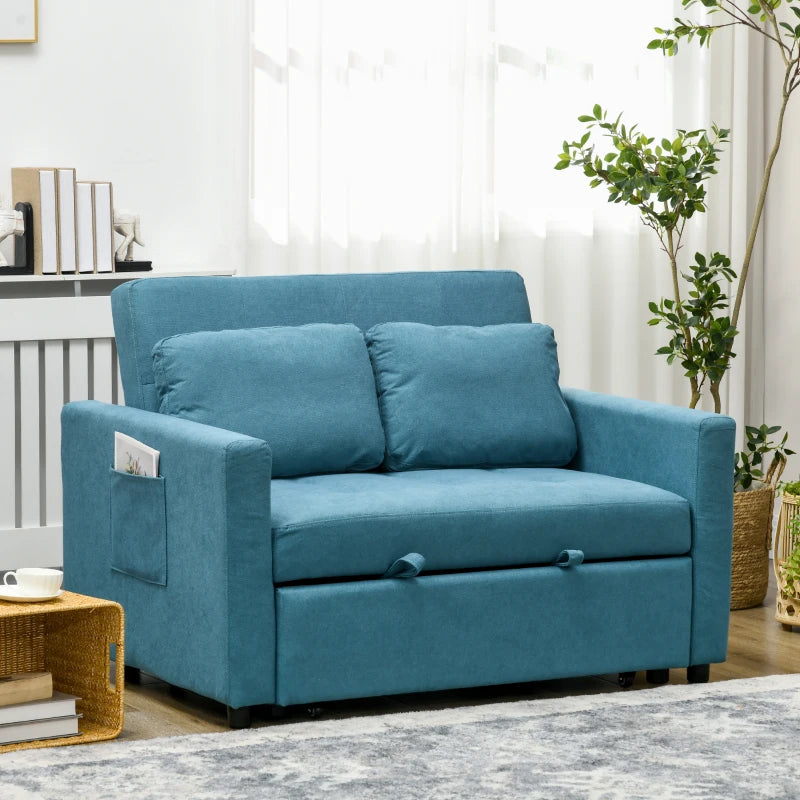 Convertible Loveseat Sofa Bed with Cushions and Side Pockets for Living Room, Stylish Blue Design