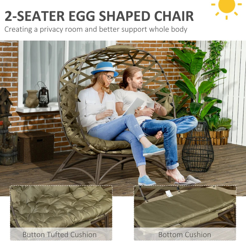 Khaki Folding 2 Seater Outdoor Egg Chair with Cushion and Cup Holders