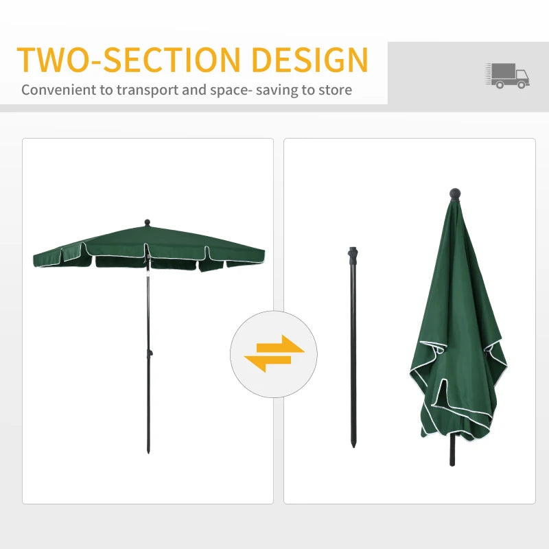 Green Rectangular Garden Parasol Umbrella with Ruffles, Aluminium Pole - 2 x 1.3m