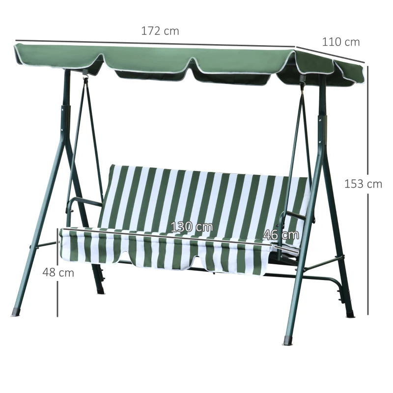 Green Padded 3-Seater Garden Swing Chair with Adjustable Canopy