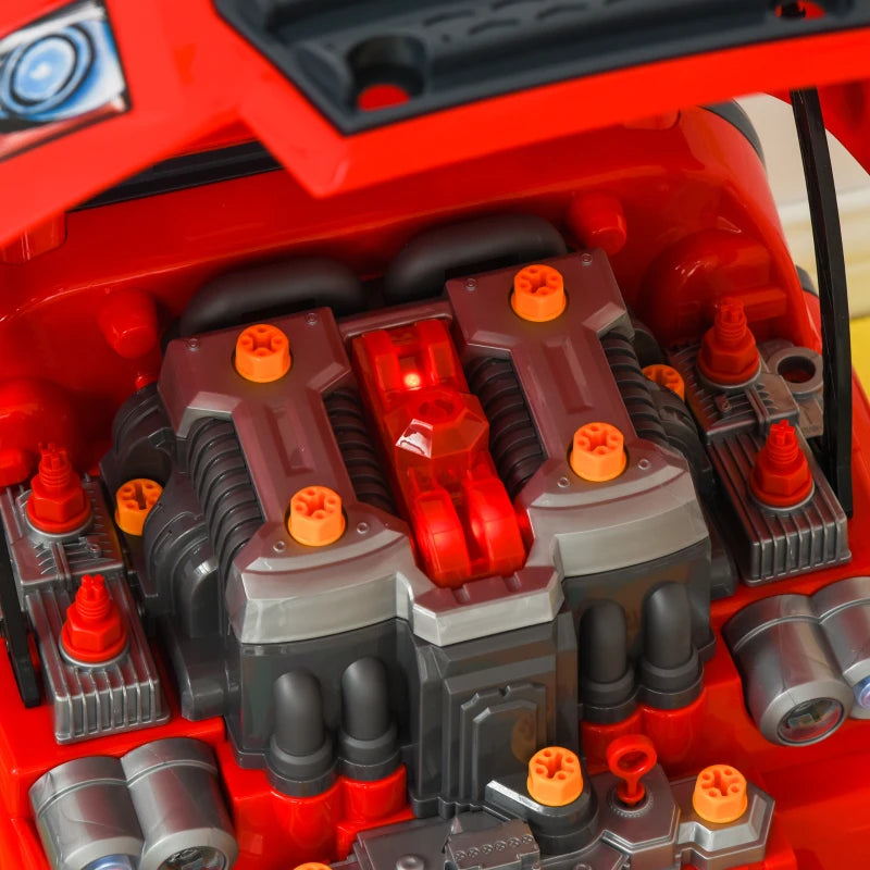 Kids Truck Engine Toy Set Educational Car Service Station Playset Take Apart Workshop with RC Car Key Steering Wheel Horn Light for Toddlers Ages 3 to 5 Red