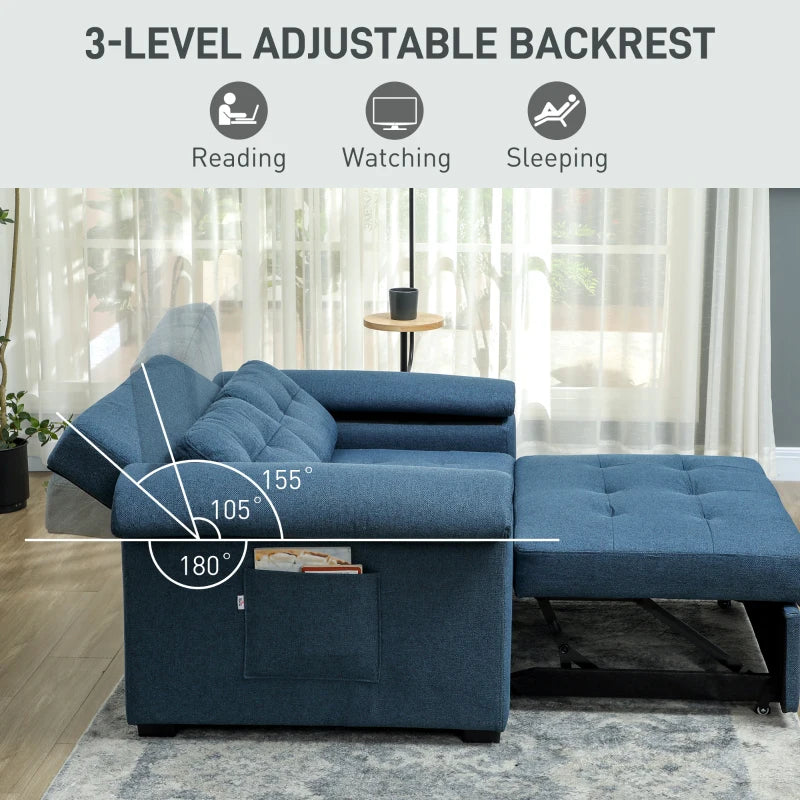 Fabric 2-Seater Click Clack Sofa Bed with Pocket Springs, Convertible Couch with Pillows and Side Pockets in Blue
