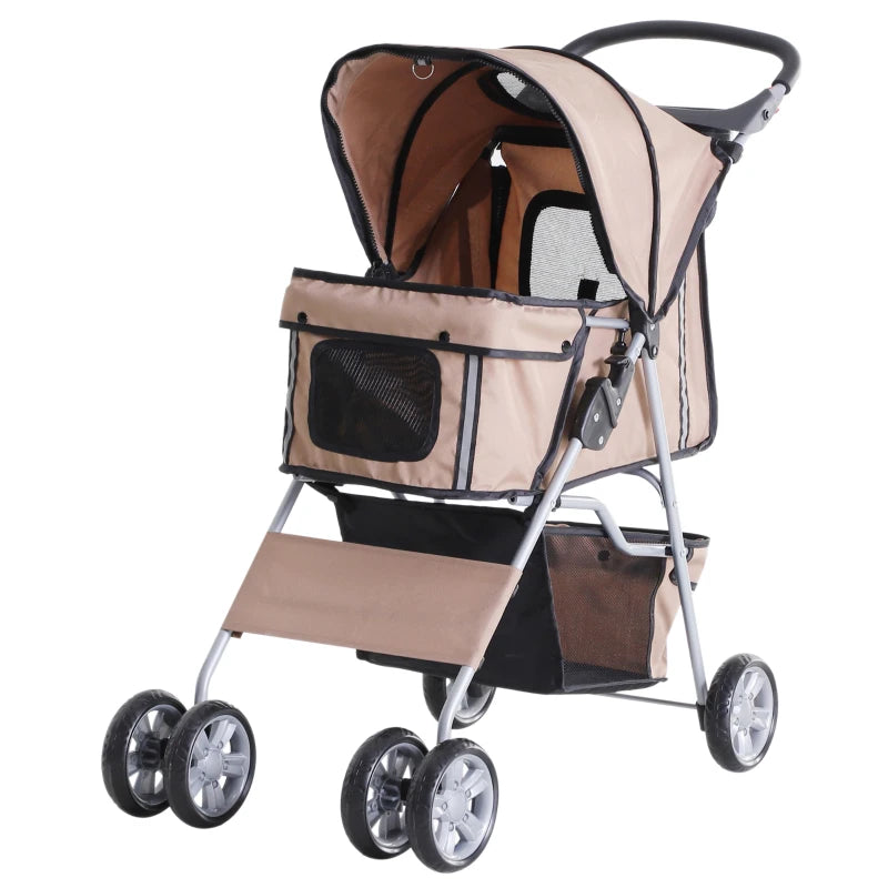 Foldable Pet Stroller for Small Dogs & Cats - Travel Carriage with Wheels, Zipper Entry, Cup Holder & Storage Basket - Brown