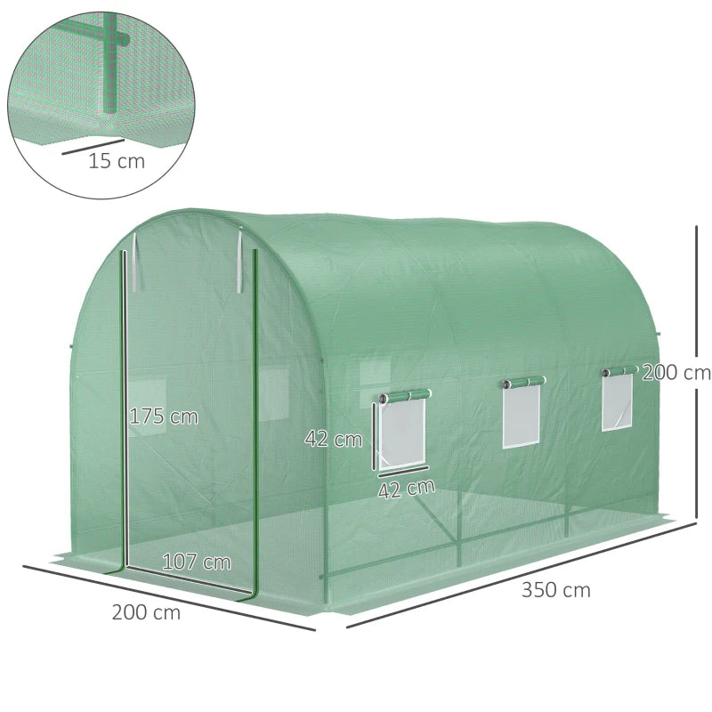 Green Walk-In Polytunnel Greenhouse, Steel Frame, PE Cover, Roll-Up Door, 6 Windows