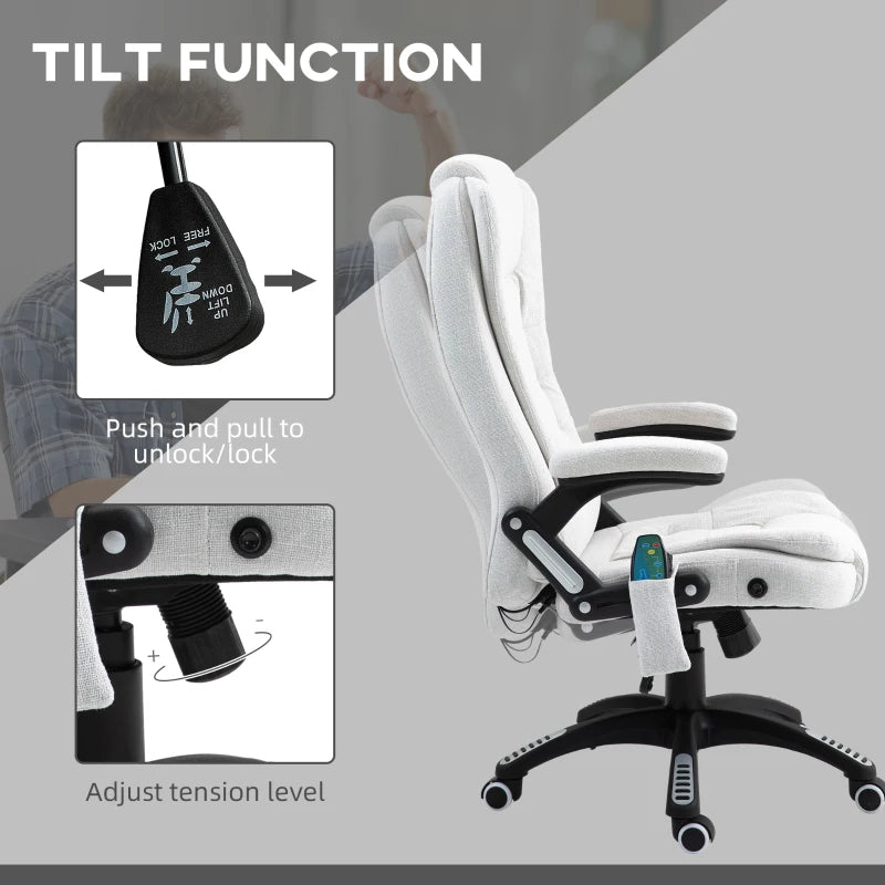 Vinsetto Heated Massage Recliner Chair - 6 Massage Points, 360° Swivel, Linen-Feel Fabric, Cream White - Perfect for Office & Home