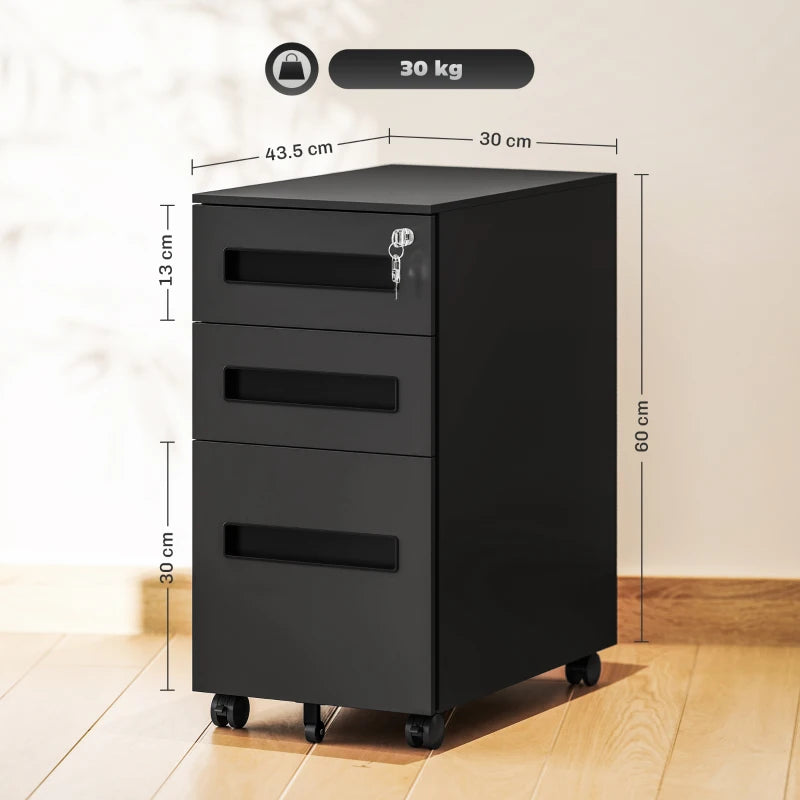 Vinsetto Black Three-Drawer Steel Filing Cabinet - Durable Office Storage Solution for Organizing Documents and Files