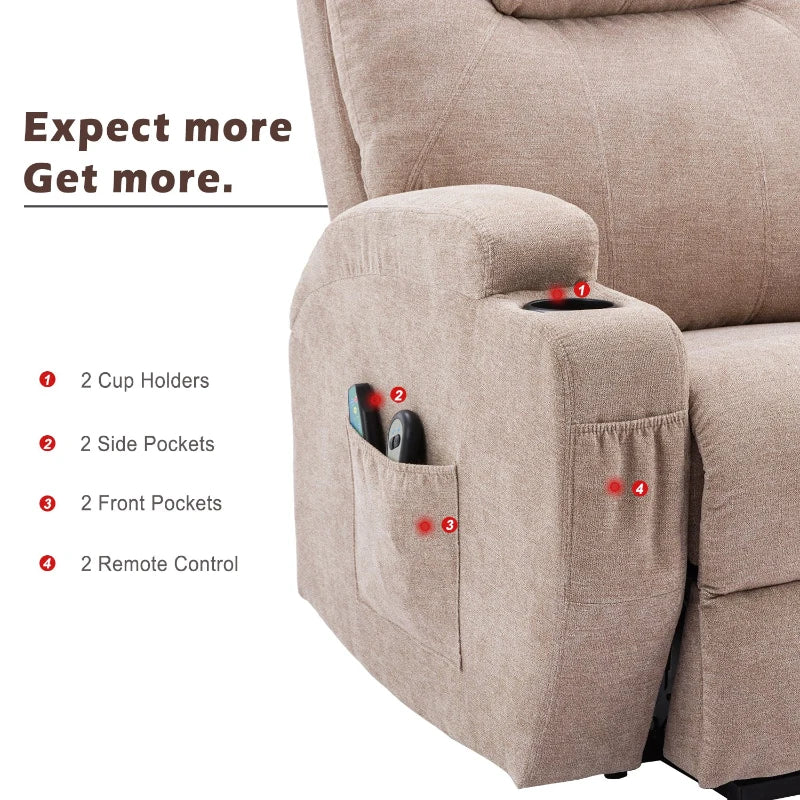 Electric Recliner Chair with Remote Control, Massage and Heating Features, Cup Holders and Side Pockets, Ideal for Seniors, Light Brown