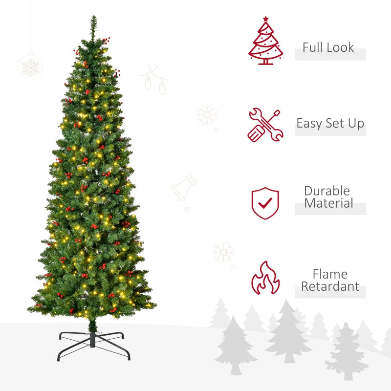 7FT Prelit Artificial Pencil Christmas Tree with Warm White LED Lights & Red Berries - Festive Holiday Home Decoration