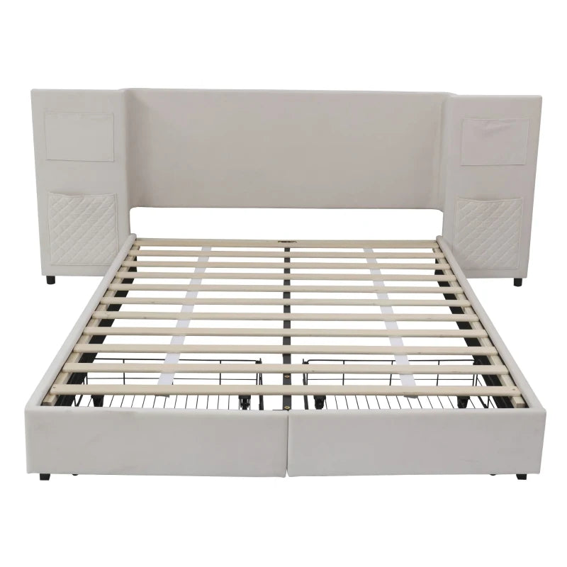 Beige Upholstered Double Bed Frame with Storage Drawers & Headboard Pockets - Velvet & Plywood, 229L x 222.5W x 87.5H cm