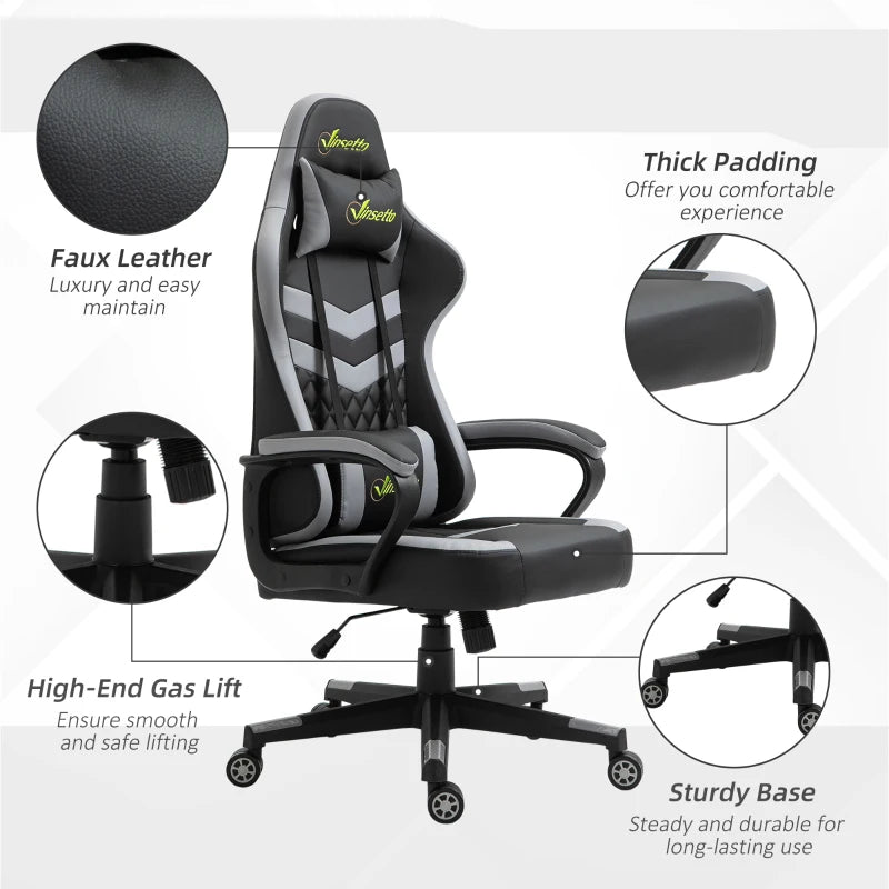 Vinsetto Gaming Chair - Ergonomic Computer Desk Chair with Lumbar Support, Faux Leather, Headrest & Swivel Wheels - Black Grey