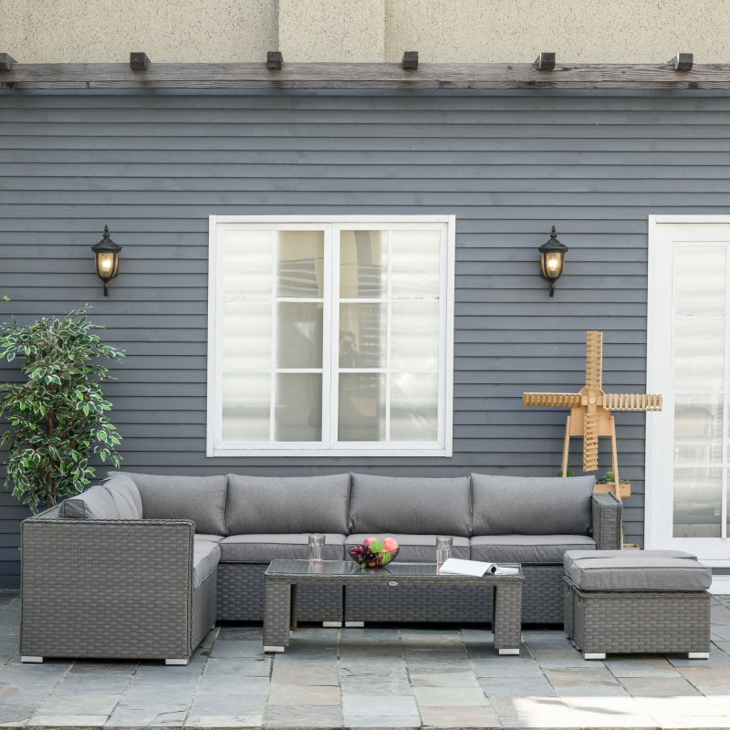 Rattan Haven: 6-Piece Aluminium & Wicker Lounge Set with Plush Cushions and Glass-Top Table