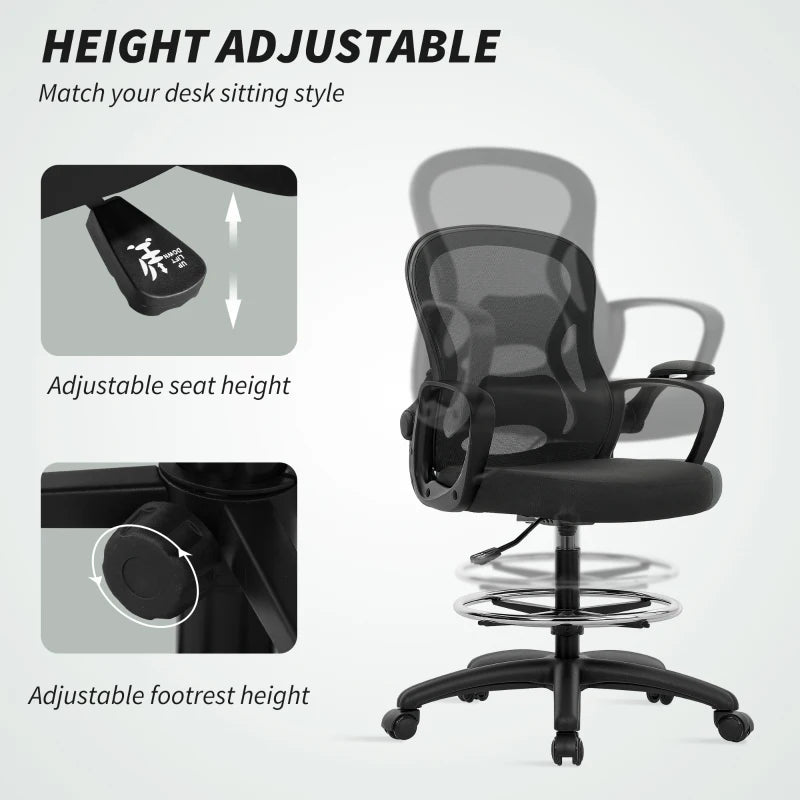 Vinsetto Ergonomic Drafting Chair with Adjustable Footrest & Lumbar Support - Mesh Office Chair for Standing Desks, Black