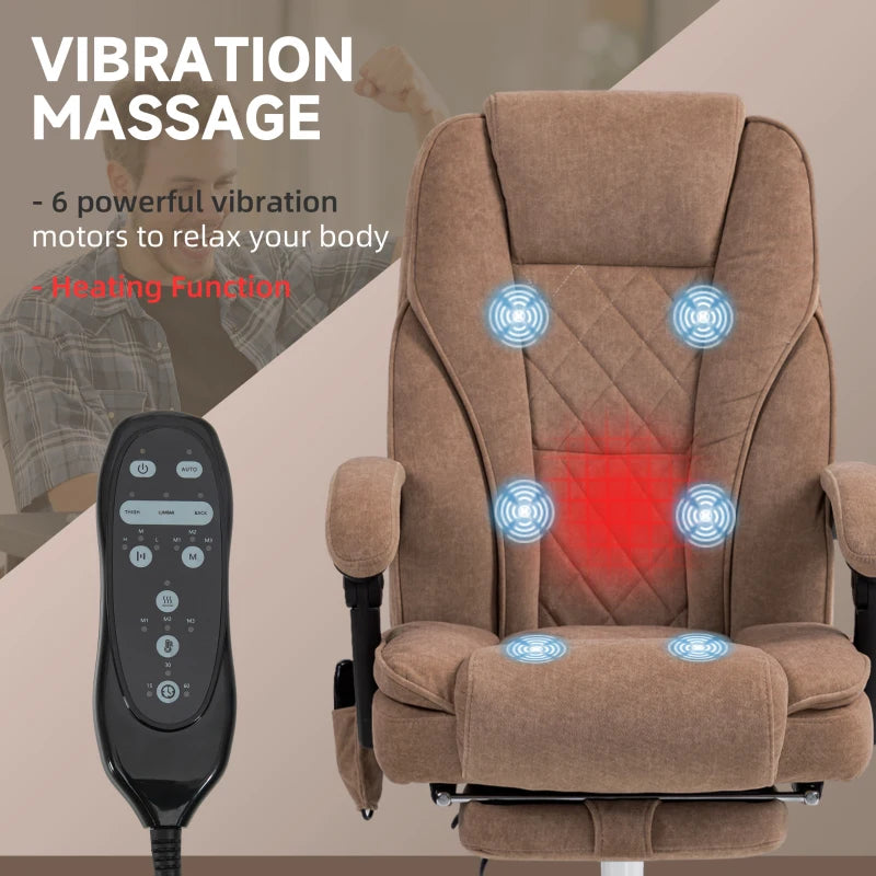 Vinsetto Heated Reclining Massage Office Chair with Adjustable Height & Footrest - Brown Ergonomic Computer Chair