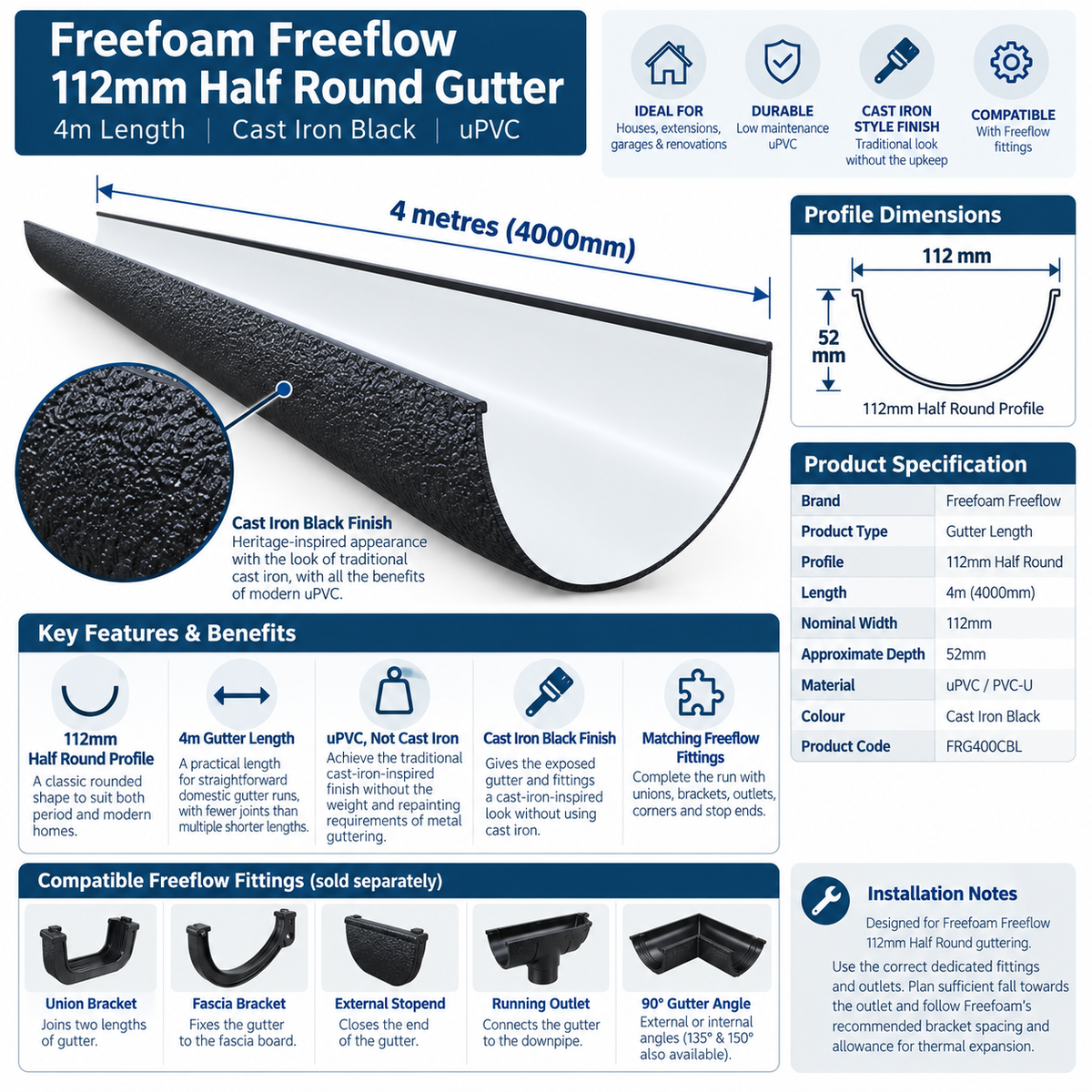 Freefoam Freeflow 112mm Half Round Gutter - 4m - Cast Iron Black
