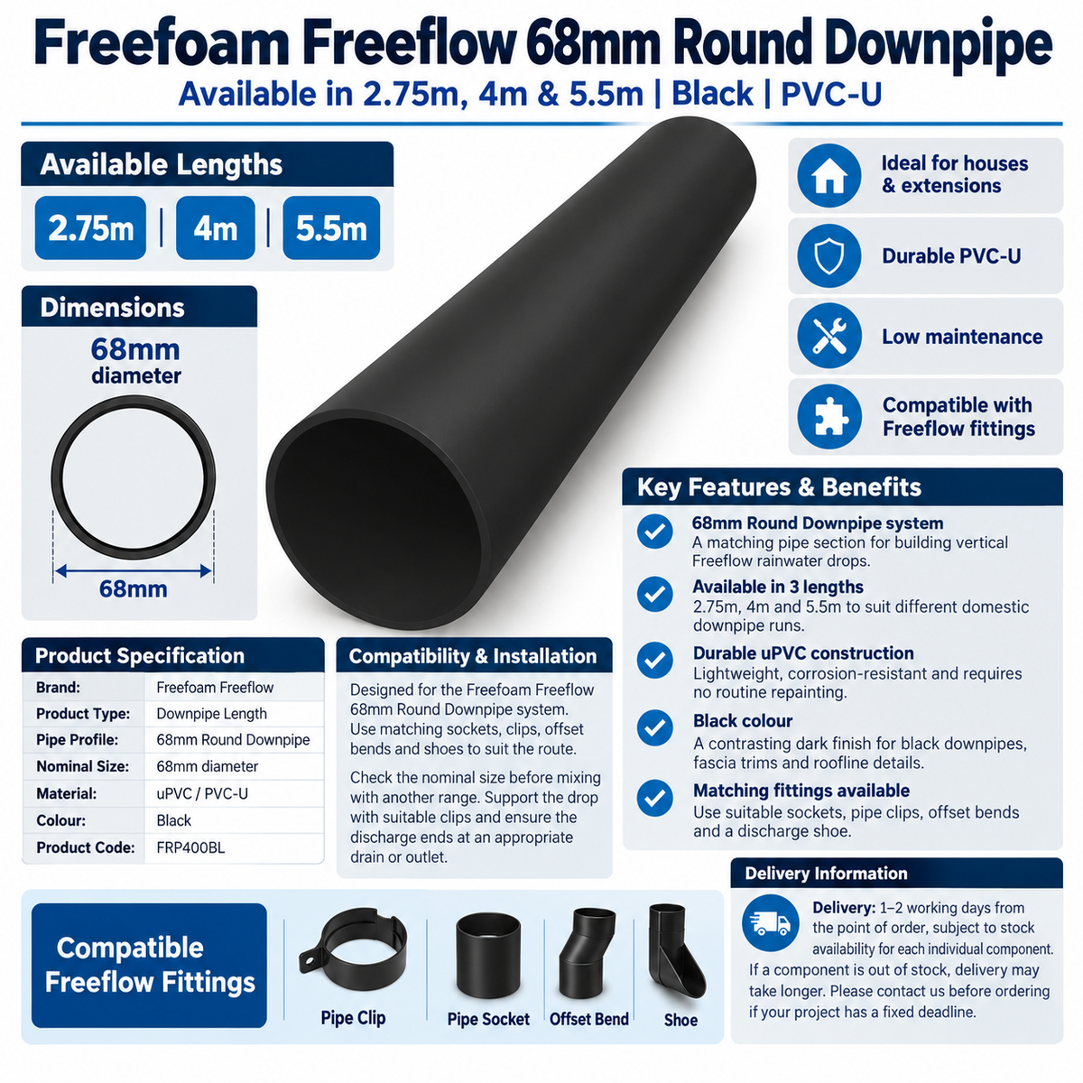 Freefoam Freeflow 68mm Round Downpipe - 4m - Black