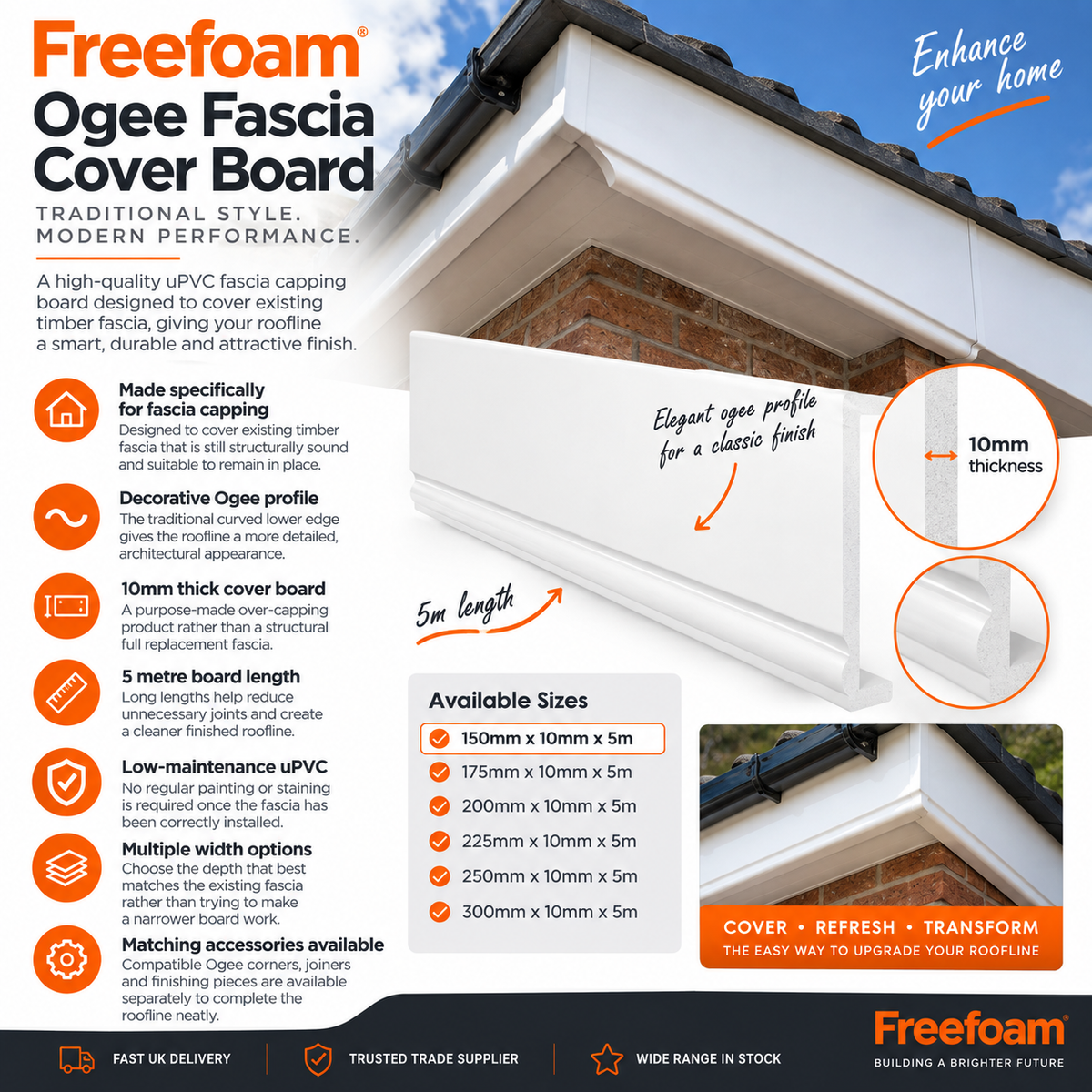 Freefoam 150mm Ogee uPVC Fascia Cover Board / Capping Board – Decorative Roofline Trim 5m x 10mm – White