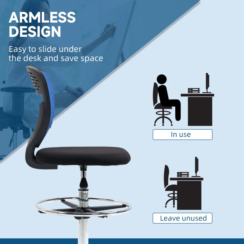 Vinsetto Dark Blue Drafting Chair - Swivel Mesh Office Chair with Adjustable Foot Ring, Armless Design for Standing Desks