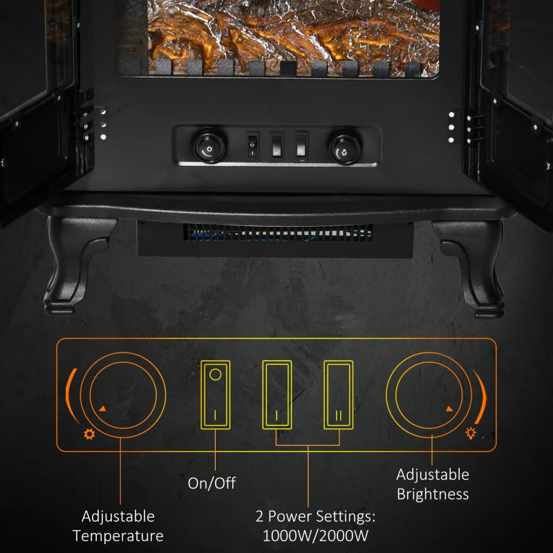 Electric Fireplace Stove Heater with LED Flame Effect Freestanding Portable Overheat Protection 1000W 2000W Black