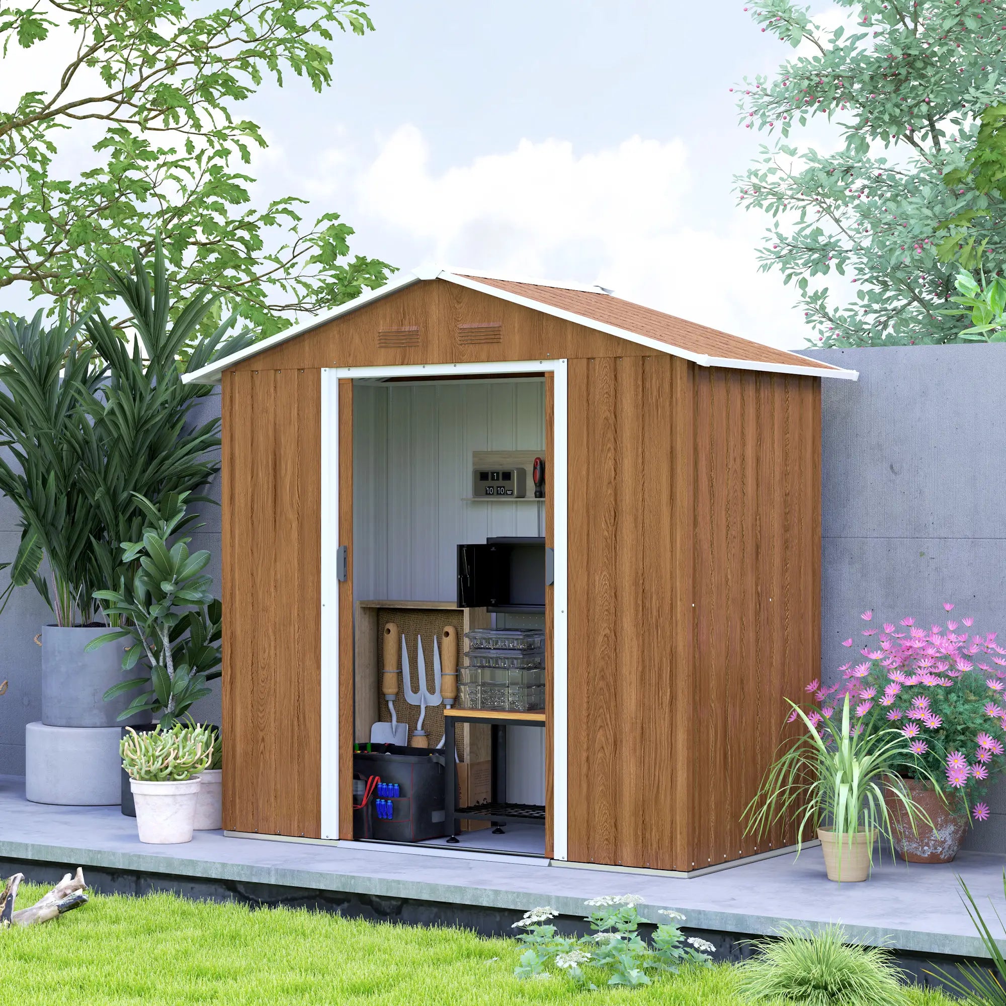 6.5ft x 3.5ft Brown Wood Effect Metal Shed