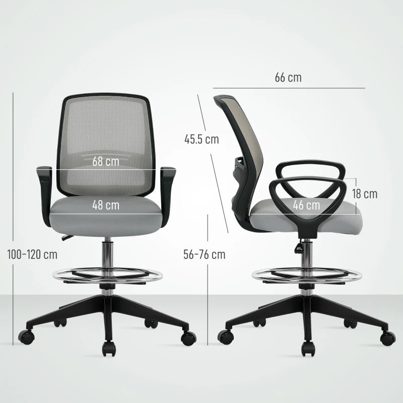 Vinsetto Light Grey Draughtsman Office Chair with Footrest - Adjustable Height, Ergonomic Design, 100-120cm for Comfort & Style