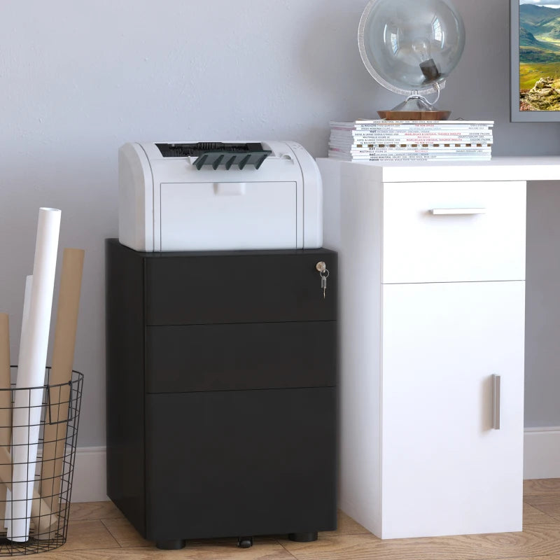 Vinsetto Lockable Rolling Filing Cabinet - 3 Drawer Steel Office Storage Unit for A4, Letter & Legal Files
