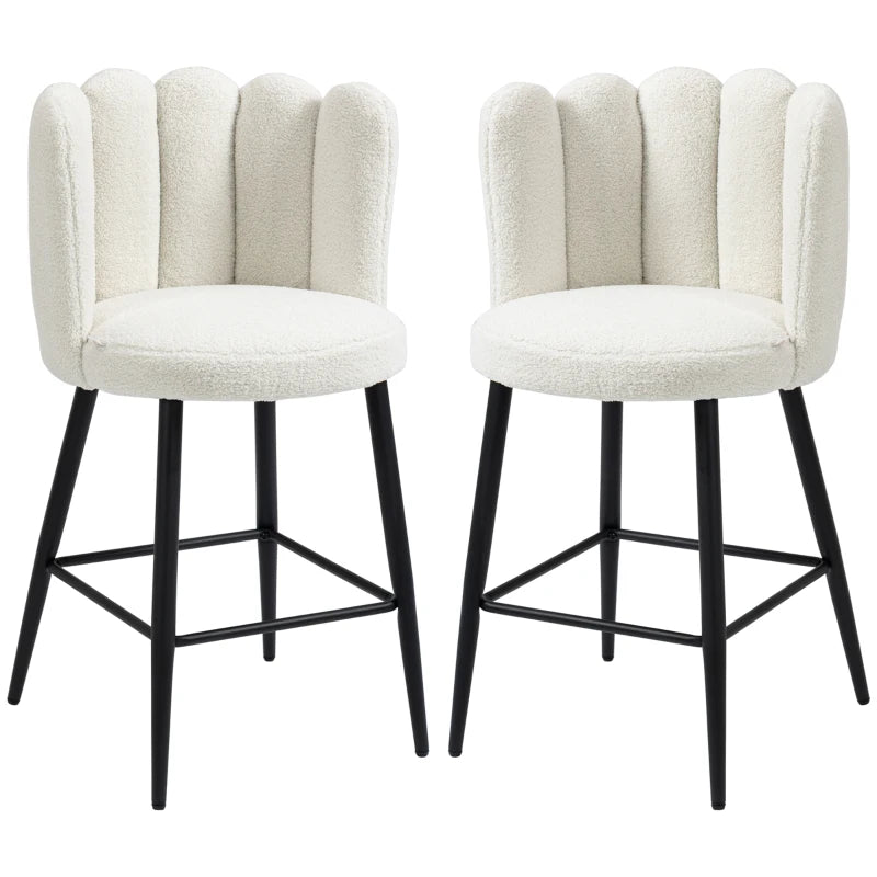 Set of 2 Modern Bar Stools - Faux Cashmere Upholstered Kitchen Chairs with Backs, Footrest & Steel Base in Cream
