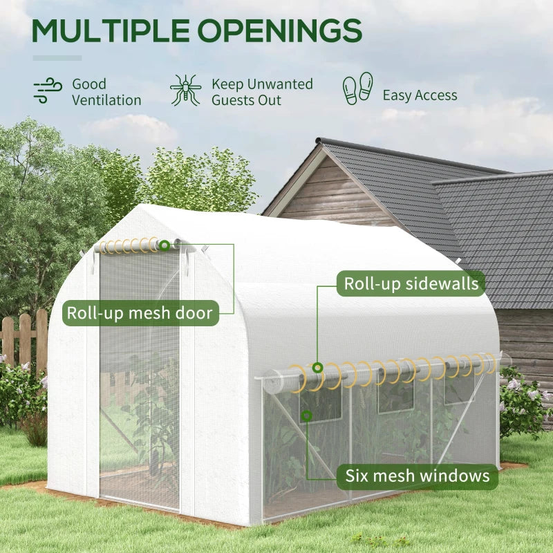 Green Walk-in Polytunnel Greenhouse with Zipped Roll Up Sidewalls and Mesh Door