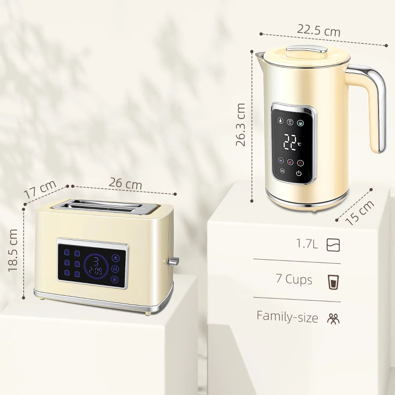 Premium Cream Touch Screen Kettle and Toaster Set - Stylish Kitchen Appliances for Modern Homes