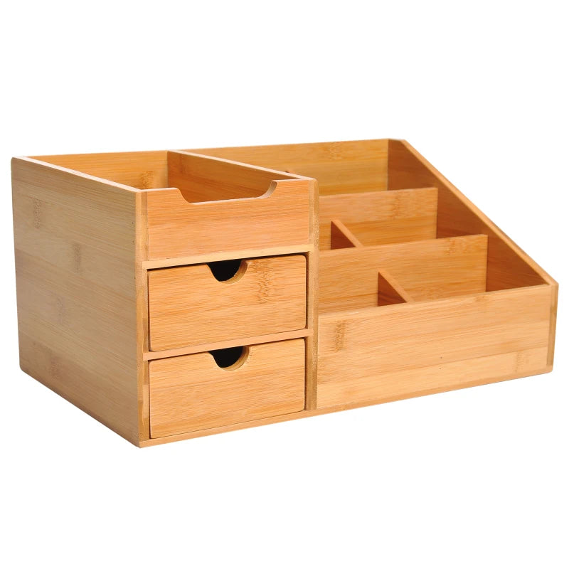 Bamboo Desk Organiser Caddy - Multi-Function Storage Holder with 7 Compartments & 2 Drawers for Home Office Supplies