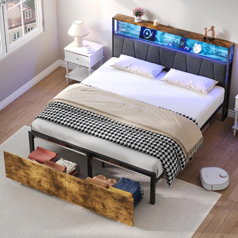 Stylish Black & Dark Walnut Double Bed Frame with Storage Drawers, RGB LED Headboard & Charging Station - 205L x 136W x 116H cm