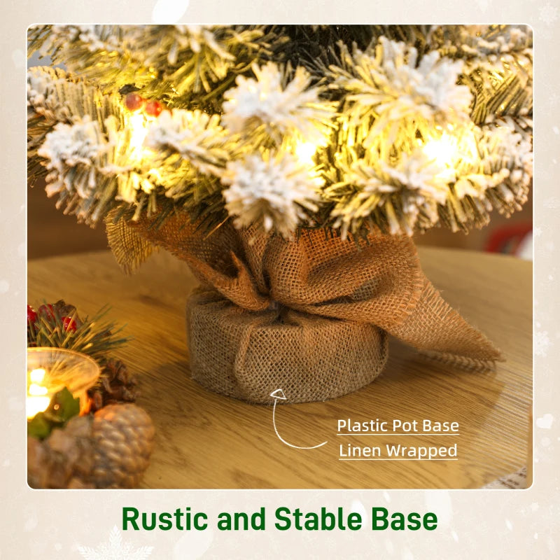 60 cm Prelit Small Christmas Tree - 35 LED Lights, Snow Flocked Mini Xmas Tree with Pine Cones & Berry Clusters