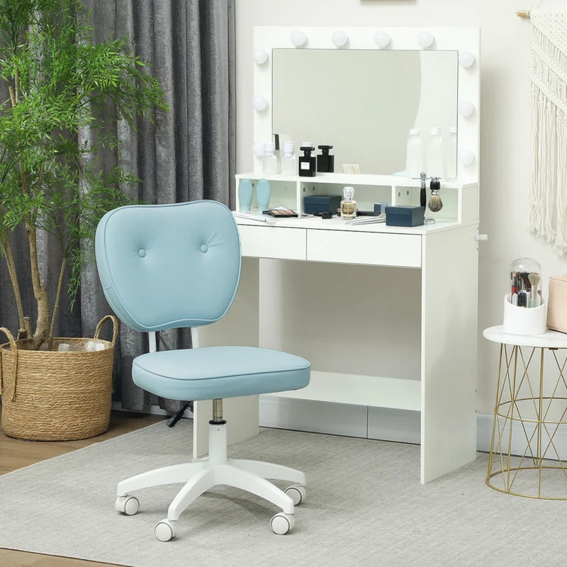 Vinsetto Blue PU Leather Vanity Office Chair - Adjustable Height, Armless Design, Swivel Wheels for Home & Office