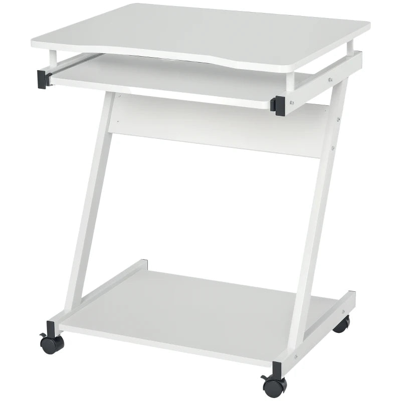Movable White Computer Desk with 4 Wheels & Sliding Keyboard Tray - Ideal Home Office Workstation