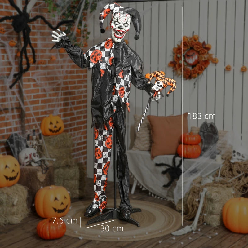 183 cm Life Size Animated Clown with Skull Staff - Scary Halloween Decoration with Light Up Eyes & Sound Activated Movement