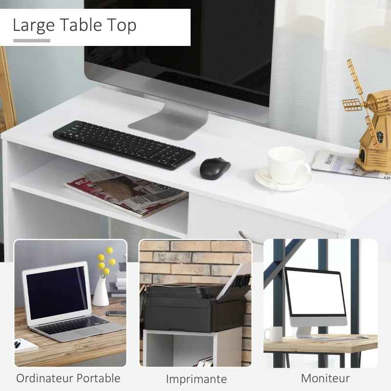 Compact White Computer Desk with Drawer & Storage Compartment - Stylish Study Table & Writing Workstation for Home Office