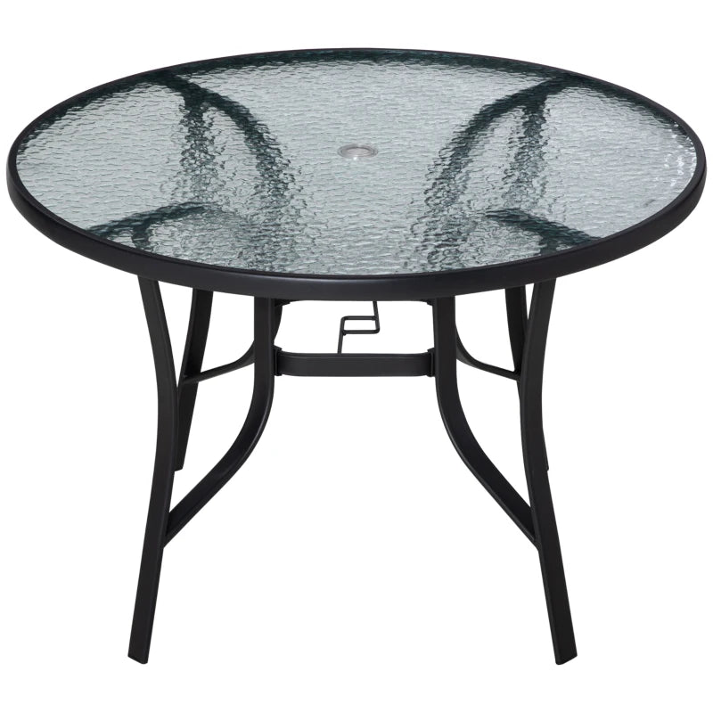 Round Garden Dining Table with Parasol Hole - Black Tempered Glass