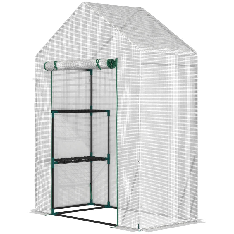 Portable Greenhouse with 2 Tier Shelf, Roll-Up Door, PE Cover - Green, 143 x 73 x 195cm