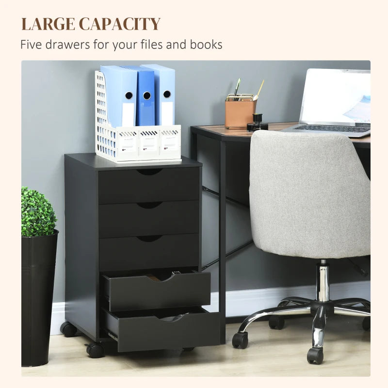 Modern 5 Drawer Mobile Filing Cabinet - Vertical Office Storage Organizer, Rolling Cupboard in Black for Efficient Workspace