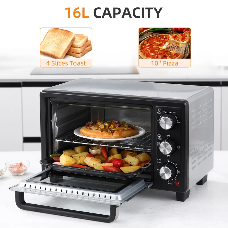 16L Mini Countertop Oven - 1400W, Stylish Black/Silver Design, Perfect for Baking, Broiling, and Toasting - Compact Kitchen Appliance