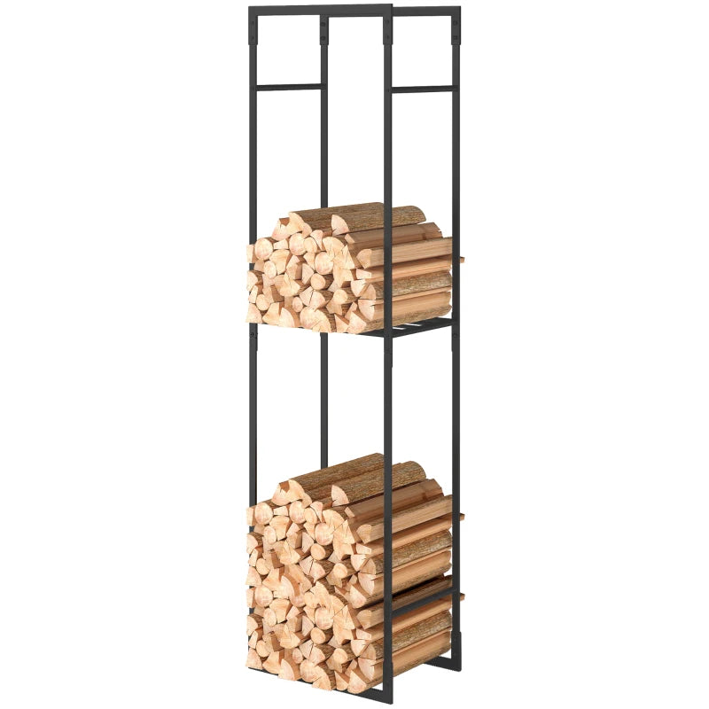 Heavy Duty Metal Firewood Log Holder Rack with Adjustable Shelf - Indoor/Outdoor Fireplace Wood Storage, 45x31x170 cm, Black