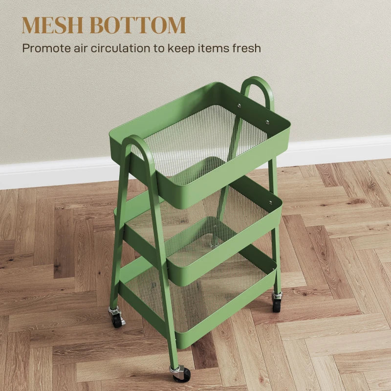 Versatile Three-Tier Green Storage Trolley - Perfect for Organizing Home, Office, or Kitchen - Stylish and Functional Design
