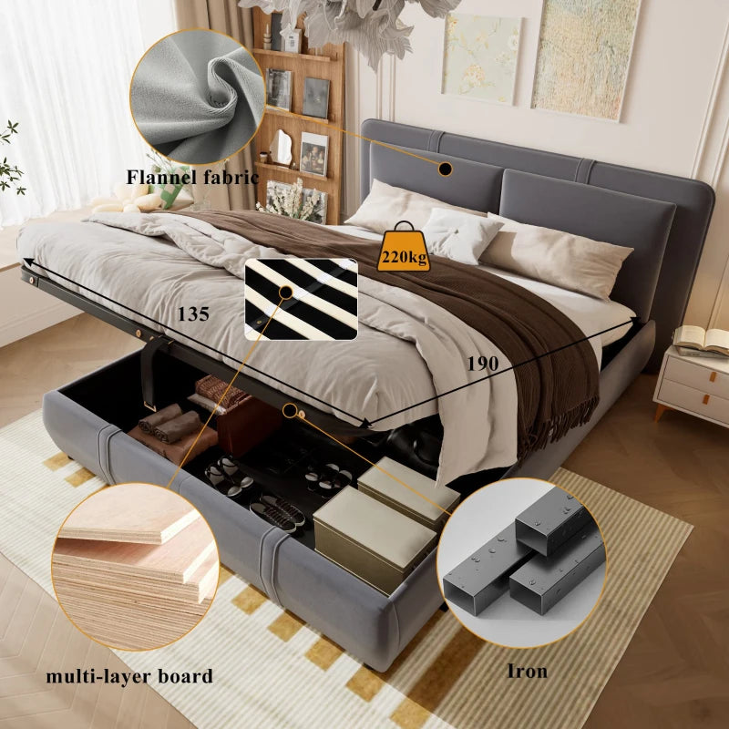 Upholstered Hydraulic Storage Bed with Removable Velvet Headboard - Grey, 210x159x90 cm, Stylish & Functional Bedroom Furniture