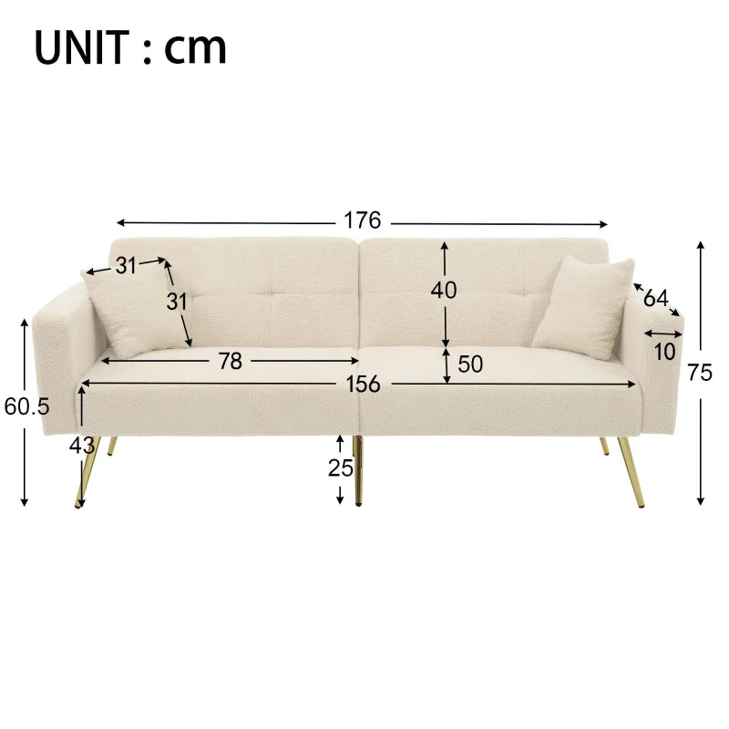 Elegant Beige Convertible Sofa Bed with Adjustable Backrest and Side Pockets, Perfect Loveseat for Bedroom, 176L x 64W x 75H cm