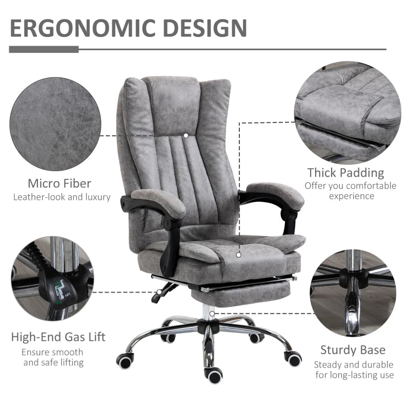 Vinsetto Grey Microfibre Home Office Chair - Reclining Desk Chair with Armrests, Swivel Wheels & Footrest