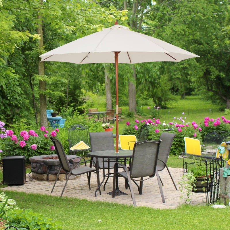 Round Off-White Garden Parasol Umbrella with Wooden Pole