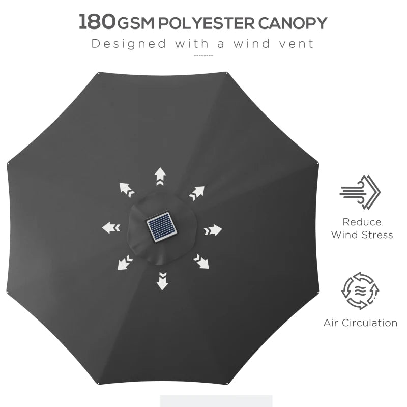 Grey 3m Solar LED Patio Umbrella