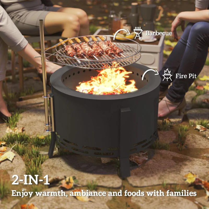 Portable 58 cm Round Fire Pit with Grill Grate, Ash Catcher & Poker for Camping, BBQ