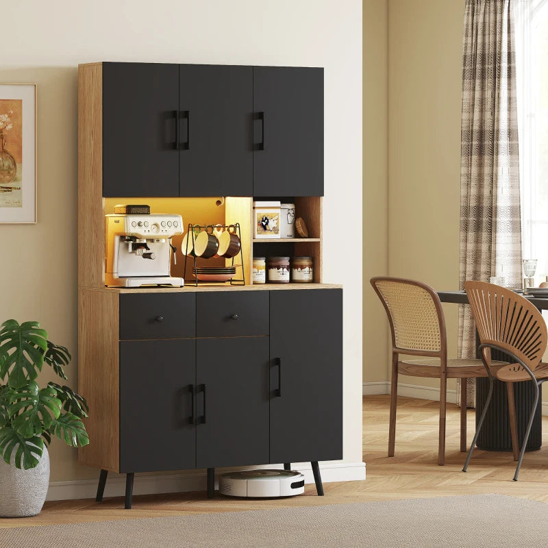 176 cm Modern Kitchen Cupboard with LED Lights - Stylish Oak and Black Storage Solution for Home