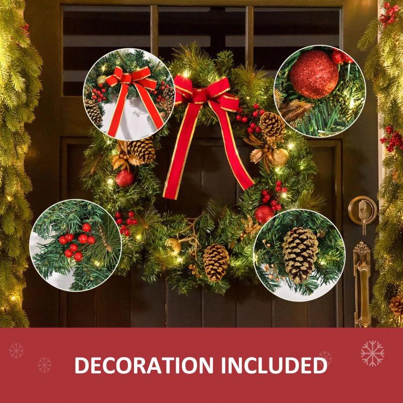 60cm Pre-Lit Artificial Christmas Wreath with Holly, Pine Cones & LED Lights - Glittered Indoor/Outdoor Holiday Decor