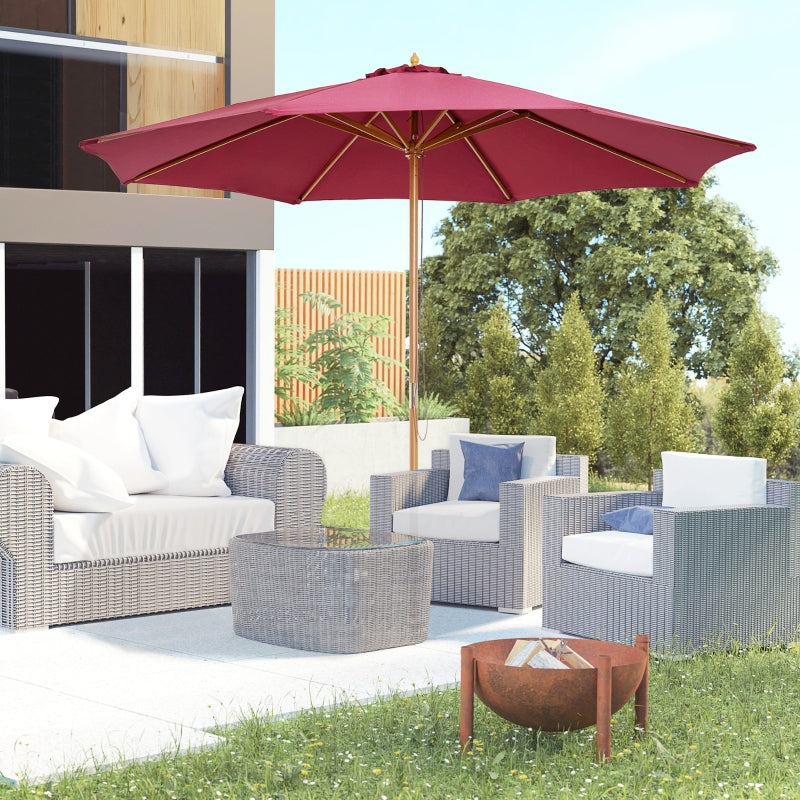 Wine Red 3m Wooden Patio Umbrella with Pulley Mechanism